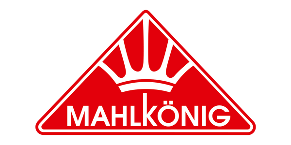 Mahlkonig logo with red triangle and white text on a white background