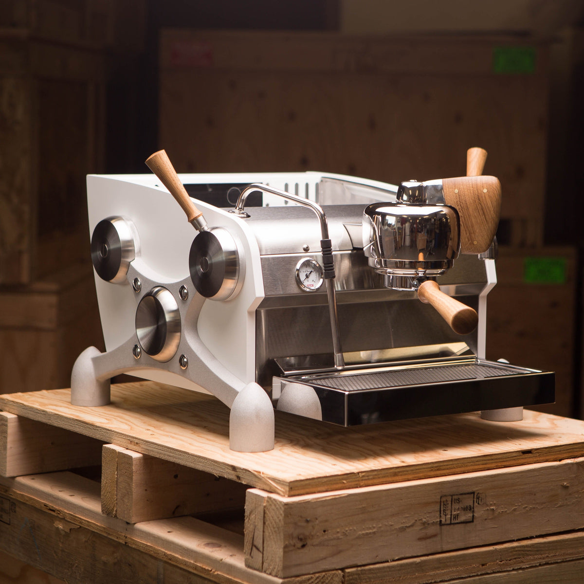 New white Slayer Espresso Single Group on a shipping pallet